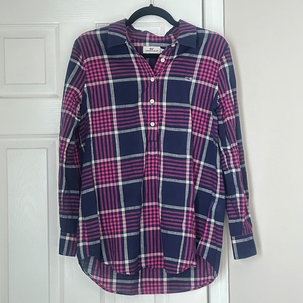 Vineyard Vines Harbor Plaid Relaxed Popover Tunic Size 6 Pink Blue Summer Preppy